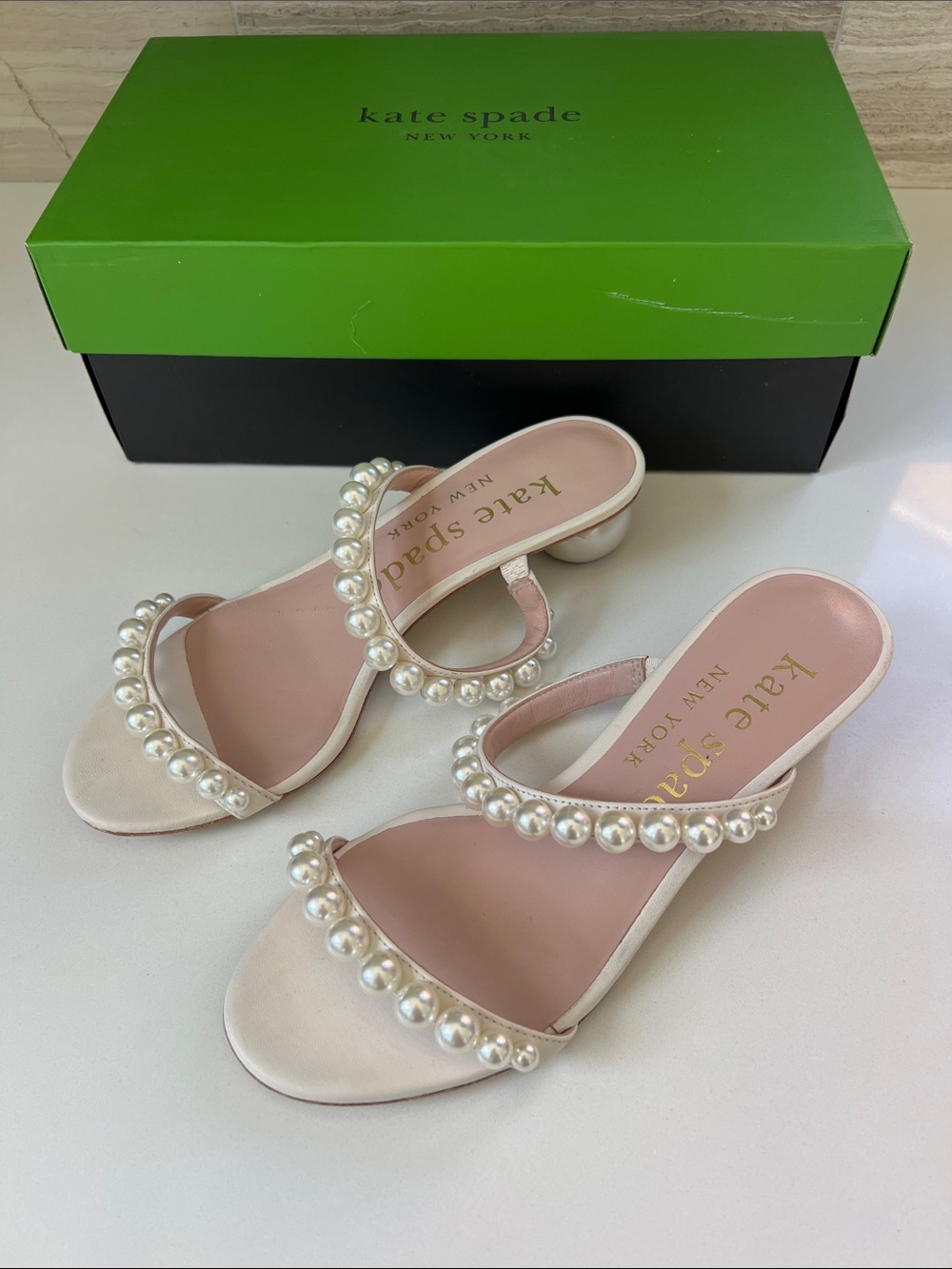 Kate Spade palm springs pearls cream leather open toe heels sandals 6